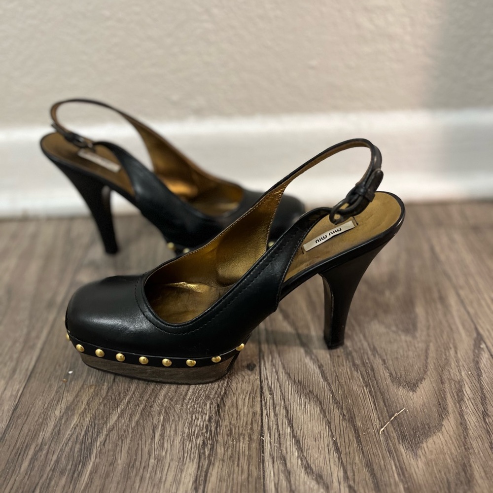 Miu Miu Black Slingback Heels with Gold Studs - Picture 2 of 9
